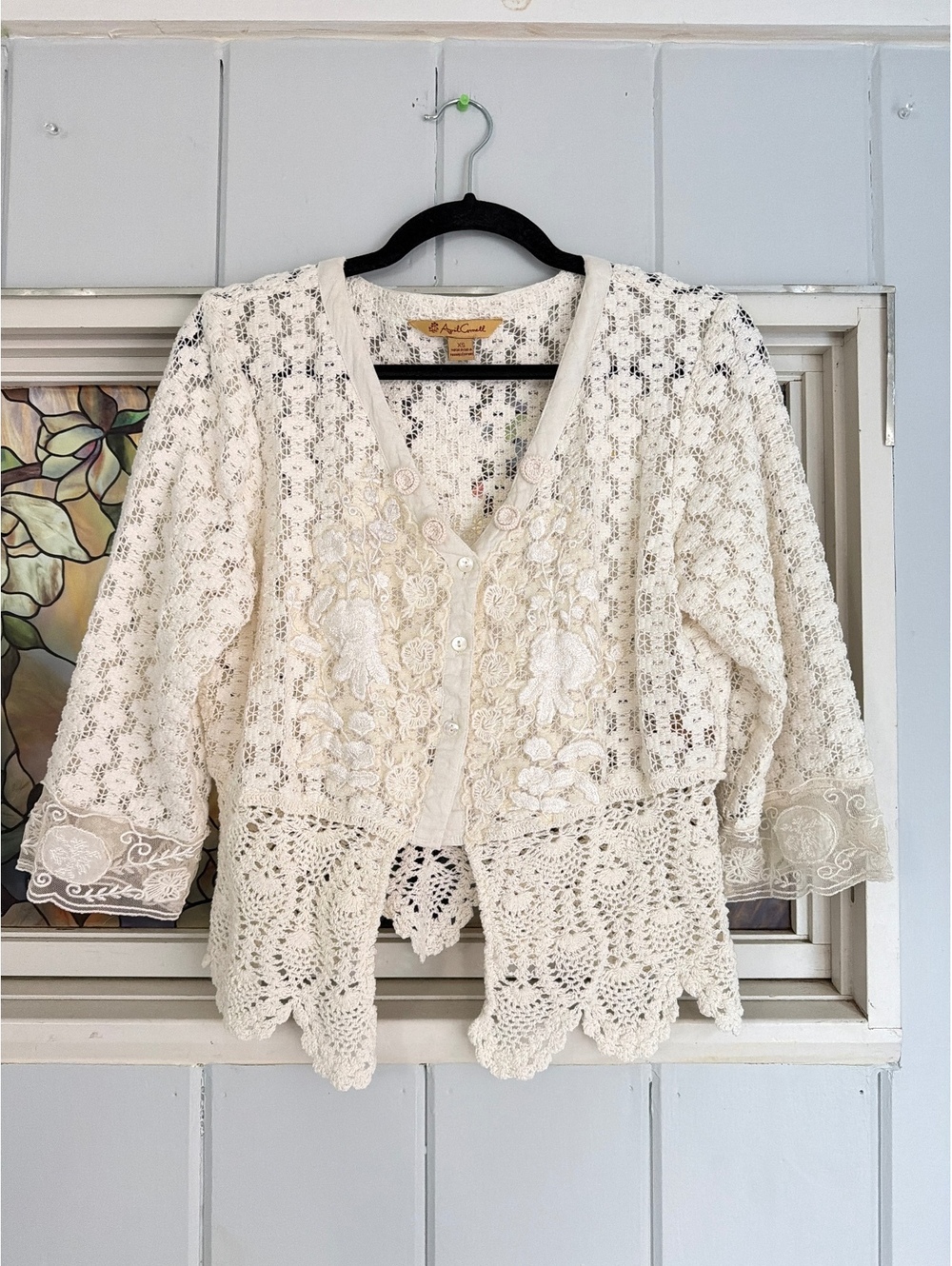 April Cornell White Crochet Lace Cardigan XS